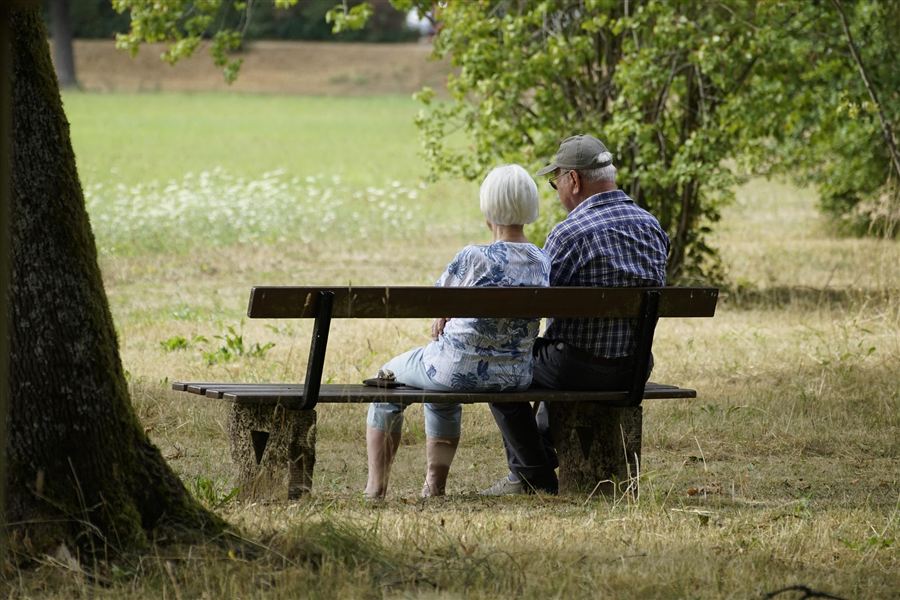 Elderly couple seated on a park bench, looking out at a quiet green field