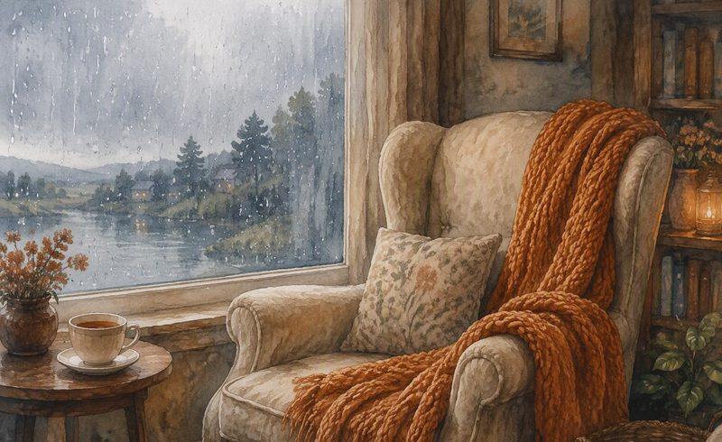 An empty armchair by a rainy window with a warm blanket