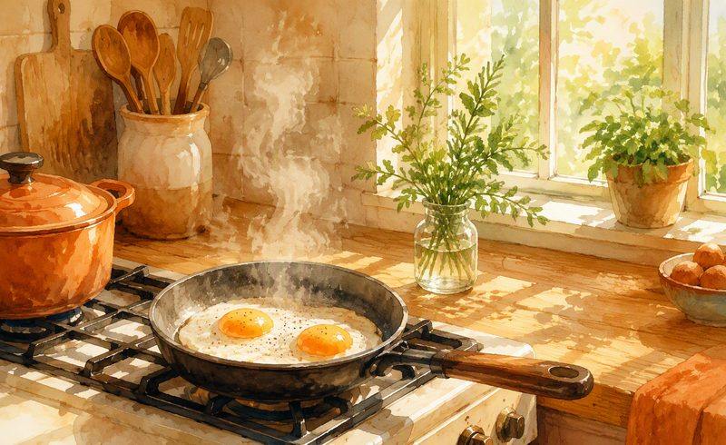 Two eggs frying in a sunny morning kitchen