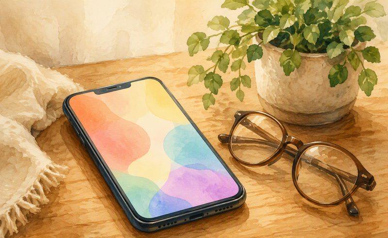 A smartphone glowing softly on a wooden table beside reading glasses