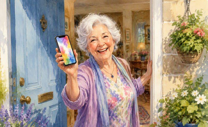 A smiling silver-haired woman proudly showing her phone at her front door
