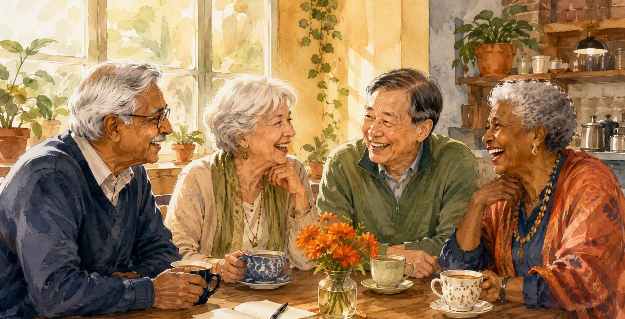 Four friends around a sunlit coffee-place table, laughing over coffee and tea