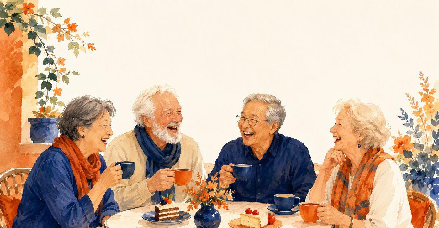 A warm illustration of older friends — Asian and global seniors — laughing over coffee at a sunny cafe table