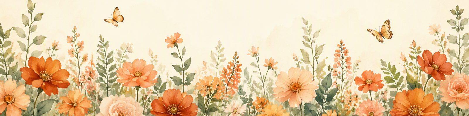 A watercolor trim of warm orange garden flowers with butterflies