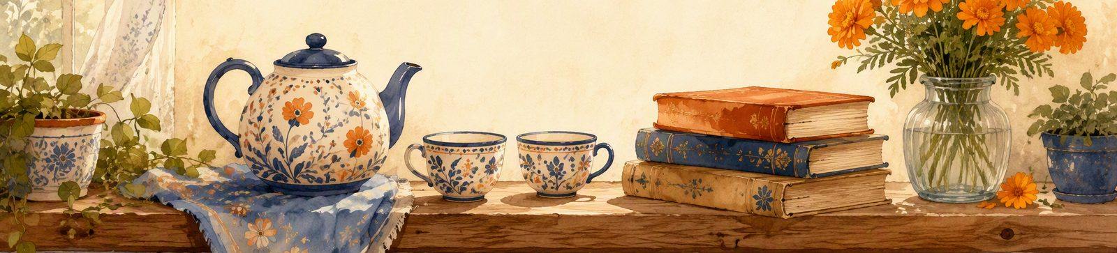 A watercolor trim of a teapot, teacups, books and marigolds on a sunny windowsill