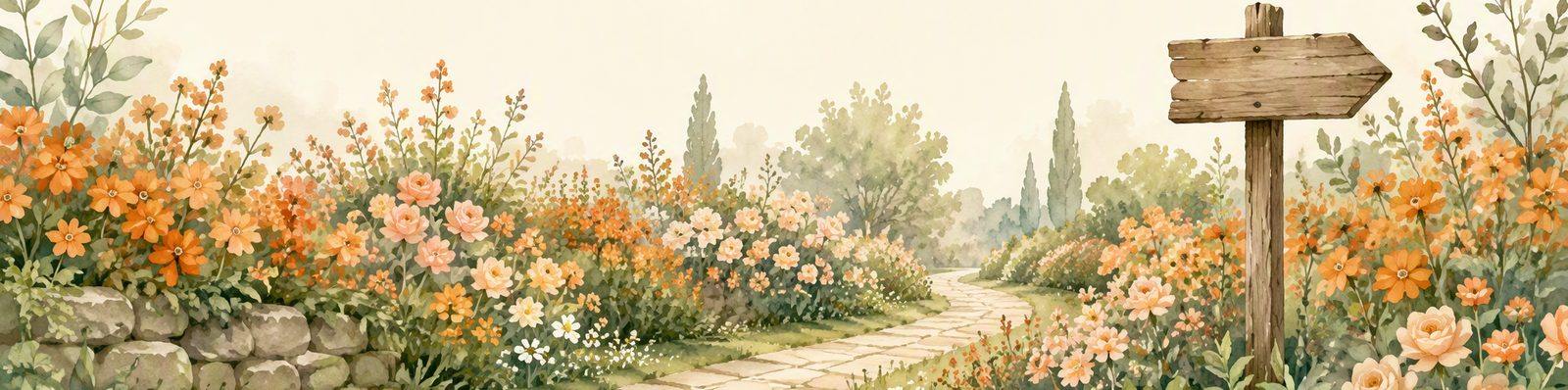 A watercolor trim of a winding garden path with a wooden signpost