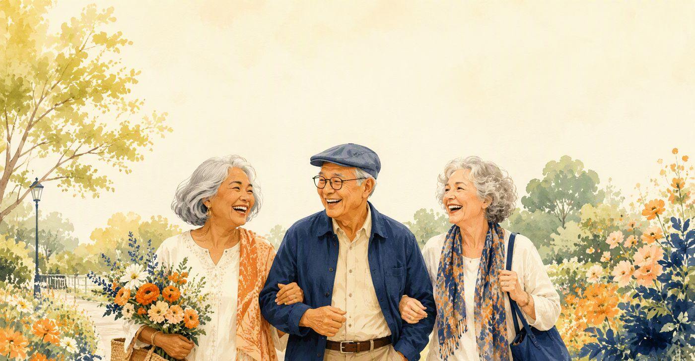 A warm illustration of older friends from around the world walking together through a sunny garden